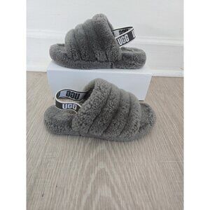 UGG Fluff Yeah Slide Slippers Youth 3 Wool Sheepskin Shearling Grey Slingback